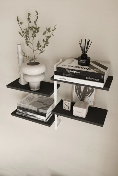AJU 4 Katlı Duvar Rafı Metal Çerçeveli Dekoratif Kitaplık ve Raf Ünitesi Modern ve Minimalist Tasarım - 5