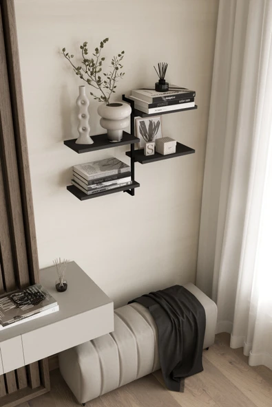 AJU 4 Katlı Duvar Rafı Metal Çerçeveli Dekoratif Kitaplık ve Raf Ünitesi Modern ve Minimalist Tasarım - 3