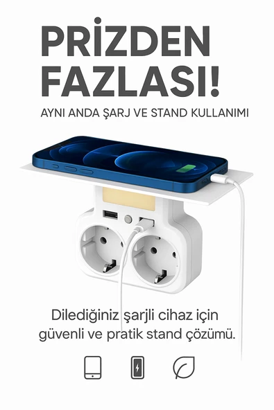 Duvar Prizi Çift USB Girişli Işıklı Otomatik Sensörlü LED Işık 5V/2.4A Hızlı Şarj CE Sertifikalı Telefon Standlı - 2