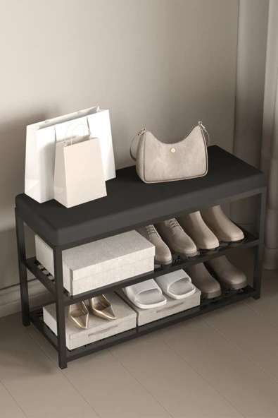 AJU Ayakkabılık Puflu Süngerli Oturaklı Metal Ayakkabı Rafı Modern Vestiyer Baklavalı Metal Tasarım - 2