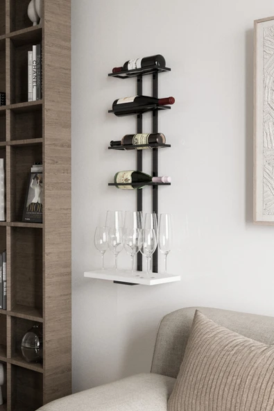 AJU Şaraplık ve Kadeh Rafı Duvara Monte Şarap Mahseni Modern Duvar Alkol Rafı – Metal ve Ahşap Tasarım - 4