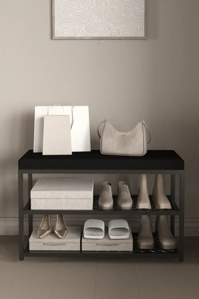 AJU Ayakkabılık Puflu Süngerli Oturaklı Metal Ayakkabı Rafı Modern Vestiyer Baklavalı Metal Tasarım Benc