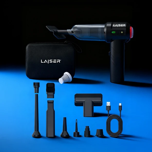 Laiser Mini, Katlanabilir LED Ekranlı 17.000 PA 3ın1 Çekme-Vakum-Üfleme Özellikli Şarjlı Araç Süpürgesi - Resim 5