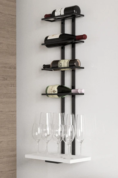 AJU Şaraplık ve Kadeh Rafı Duvara Monte Şarap Mahseni Modern Duvar Alkol Rafı – Metal ve Ahşap Tasarım - 6