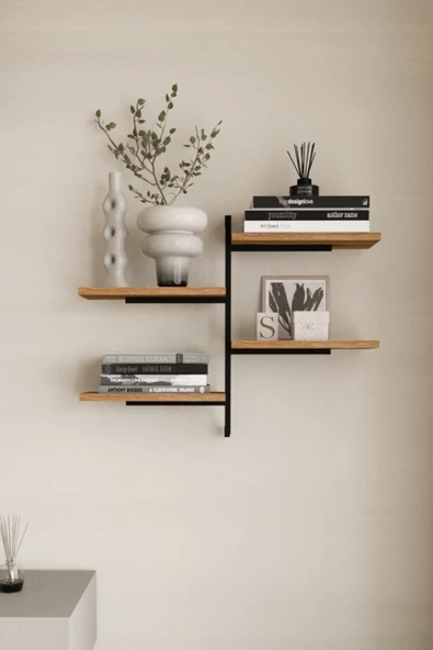 AJU 4 Katlı Duvar Rafı Metal Çerçeveli Dekoratif Kitaplık ve Raf Ünitesi Modern ve Minimalist Tasarım - 2