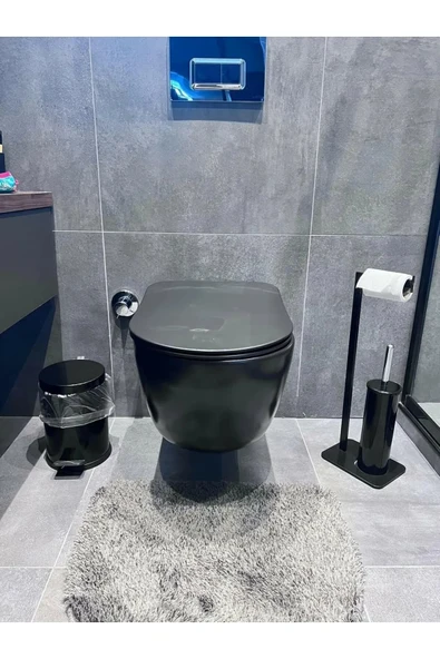 AJU Tuvalet Kağıtlığı Fırçalık ve Pedallı Çöp Kovası Seti – Modern ve Şık Siyah Metal Tasarım