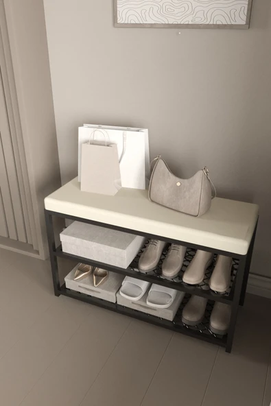 AJU Ayakkabılık Puflu Süngerli Oturaklı Metal Ayakkabı Rafı Modern Vestiyer Baklavalı Metal Tasarım Benc - 6