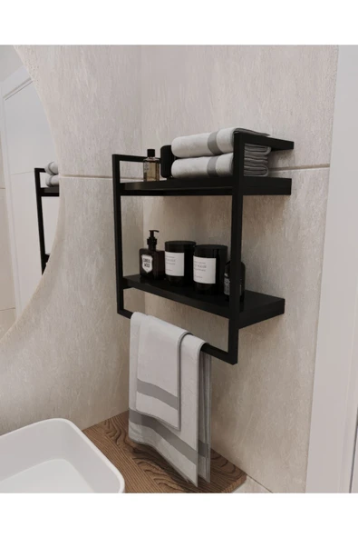 AJU Havluluk 2 Katlı Duvara Monte Raf Aksesuarlık Şal Askılığı Banyo Mutfak Düzenleyici Çok Amaçlı Raf - 3