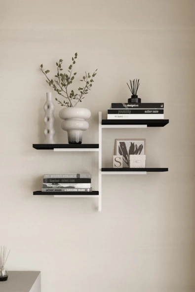 AJU 4 Katlı Duvar Rafı Metal Çerçeveli Dekoratif Kitaplık ve Raf Ünitesi Modern ve Minimalist Tasarım - 2