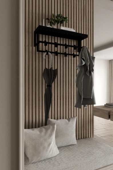 AJU Raflı Metal Duvar Askılığı – Modern Ceket, Mont, Havlu ve Şemsiye Askısı - 5