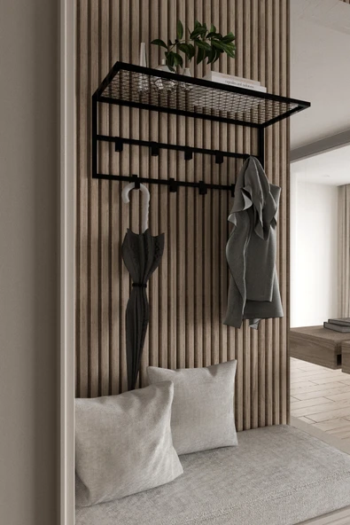 AJU Dekoratif Portmanto Metal Duvar Askılığı ve Raf Portmanto Modern Giysi Mont Elbise Askılığı - 3