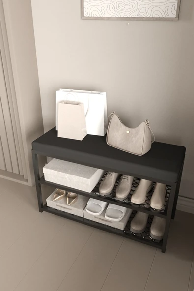 AJU Ayakkabılık Puflu Süngerli Oturaklı Metal Ayakkabı Rafı Modern Vestiyer Baklavalı Metal Tasarım - 4