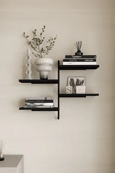 AJU 4 Katlı Duvar Rafı Metal Çerçeveli Dekoratif Kitaplık ve Raf Ünitesi Modern ve Minimalist Tasarım - 2