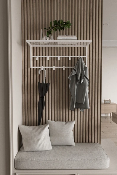 AJU Dekoratif Portmanto Metal Duvar Askılığı ve Raf Portmanto Modern Giysi Mont Elbise Askılığı - 2