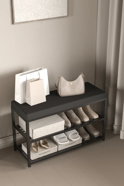 AJU Ayakkabılık Puflu Süngerli Oturaklı Metal Ayakkabı Rafı Modern Vestiyer Baklavalı Metal Tasarım - 5