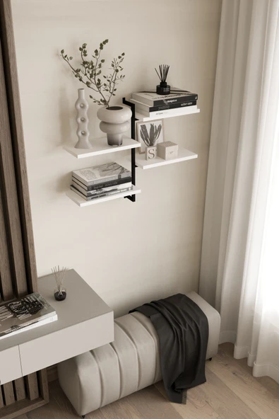 AJU 4 Katlı Duvar Rafı Metal Çerçeveli Dekoratif Kitaplık ve Raf Ünitesi Modern ve Minimalist Tasarım - 3