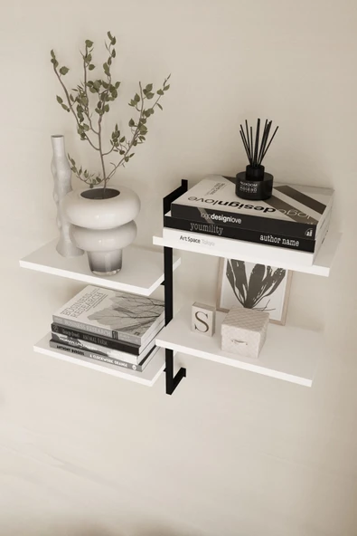 AJU 4 Katlı Duvar Rafı Metal Çerçeveli Dekoratif Kitaplık ve Raf Ünitesi Modern ve Minimalist Tasarım - 5