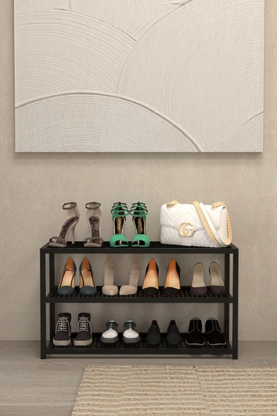 AJU Ayakkabılık Geniş Metal Modern Tasarım 3 Katlı Ayakkabı Rafı Dolabı Açık Vestiyer - 2