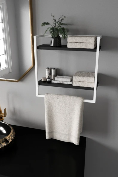 AJU Havluluk 2 Katlı Duvara Monte Raf Aksesuarlık Şal Askılığı Banyo Mutfak Düzenleyici Çok Amaçlı Raf - 4