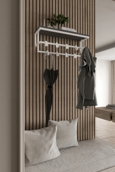 AJU Raflı Metal Duvar Askılığı – Modern Ceket, Mont, Havlu ve Şemsiye Askısı - 5