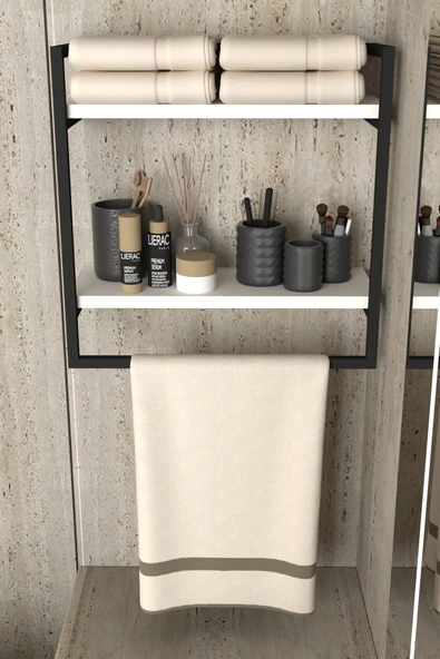 AJU Havluluk 2 Katlı Duvara Monte Raf Aksesuarlık Şal Askılığı Banyo Mutfak Düzenleyici Çok Amaçlı Raf