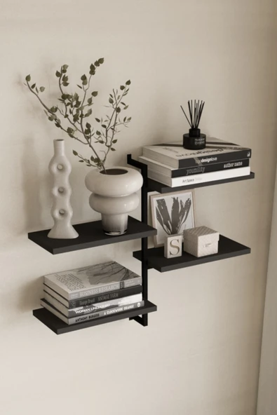 AJU 4 Katlı Duvar Rafı Metal Çerçeveli Dekoratif Kitaplık ve Raf Ünitesi Modern ve Minimalist Tasarım