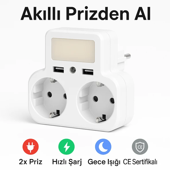 Duvar Prizi Çift USB Girişli Işıklı Otomatik Sensörlü LED Işık 5V/2.4A Hızlı Şarj CE Sertifikalı Telefon Standlı