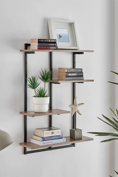 AJU Modern Duvar Rafı - 4 Katlı Metal Şık Modern Yüzen Pencere Duvar Rafı Kitaplık Düzenleyici Raf