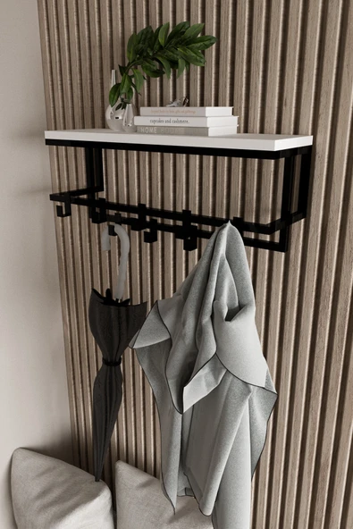 AJU Raflı Metal Duvar Askılığı – Modern Ceket, Mont, Havlu ve Şemsiye Askısı - Resim 3