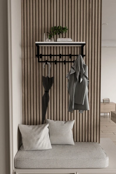 AJU Raflı Metal Duvar Askılığı – Modern Ceket, Mont, Havlu ve Şemsiye Askısı - Resim 4