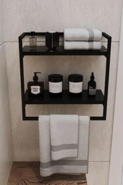 AJU Havluluk 2 Katlı Duvara Monte Raf Aksesuarlık Şal Askılığı Banyo Mutfak Düzenleyici Çok Amaçlı Raf