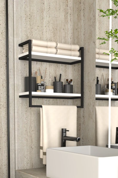 AJU Havluluk 2 Katlı Duvara Monte Raf Aksesuarlık Şal Askılığı Banyo Mutfak Düzenleyici Çok Amaçlı Raf - 8