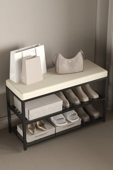 AJU Ayakkabılık Puflu Süngerli Oturaklı Metal Ayakkabı Rafı Modern Vestiyer Baklavalı Metal Tasarım Benc - 2