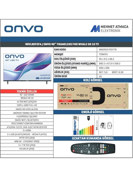 Onvo 40VL80F2FA Full HD 40'' 102 Ekran Uydu Alıcılı Smart LED TV - 2