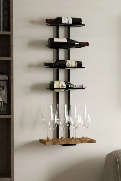 AJU Şaraplık Ve Kadeh Rafı Duvara Monte Şarap Mahzeni Modern Duvar Alkol Rafı – Metal Ve Ahşap Tasarım - 5