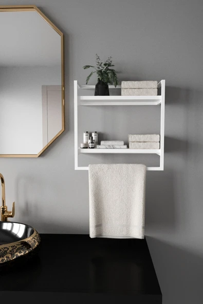 AJU Havluluk 2 Katlı Duvara Monte Raf Aksesuarlık Şal Askılığı Banyo Mutfak Düzenleyici Çok Amaçlı Raf - 6