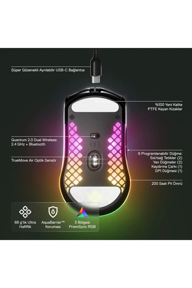 (OUTLET) SteelSeries Aerox 3 Wireless Onyx Kablosuz Gaming Mouse - Siyah - Resim 3