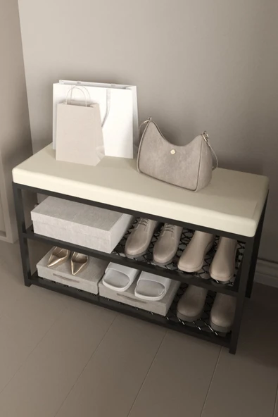 AJU Ayakkabılık Puflu Süngerli Oturaklı Metal Ayakkabı Rafı Modern Vestiyer Baklavalı Metal Tasarım Benc - 3