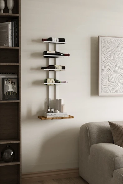 AJU Şaraplık ve Kadeh Rafı Duvara Monte Şarap Mahseni Modern Duvar Alkol Rafı – Metal ve Ahşap Tasarım - 3