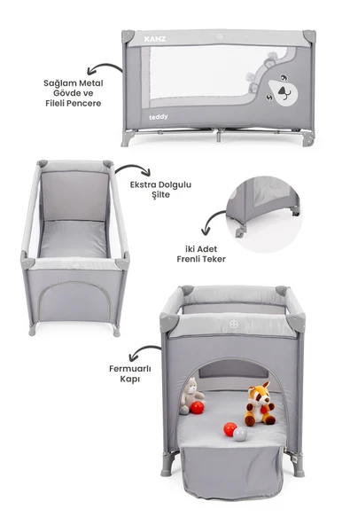 Kanz Teddy Oyun Parkı ve Park Yatak Gri 60 x 120 - 3