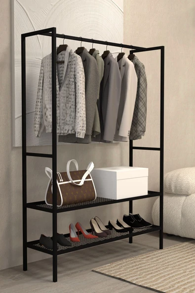 AJU Gardırop Açık Elbise Askılığı Ayakkabılık Metal Butik Askılık 2Raflı Çok Amaçlı Modern Elbise Dolabı