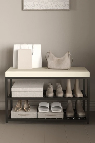 AJU Ayakkabılık Puflu Süngerli Oturaklı Metal Ayakkabı Rafı Modern Vestiyer Baklavalı Metal Tasarım Benc