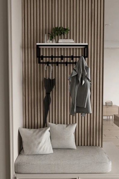 AJU Modern Duvar Askılığı | Raflı Metal Askılık | Dekoratif Giriş ve Antre Düzenleyici - 3