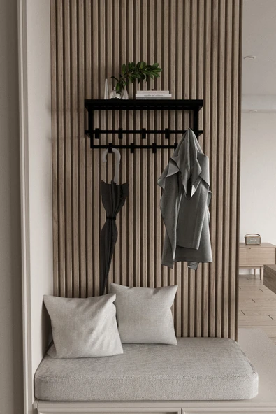 AJU Raflı Metal Duvar Askılığı – Modern Ceket, Mont, Havlu ve Şemsiye Askısı - 4