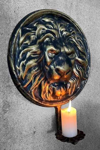 AJU Metal Aslan Figürlü Dekoratif Duvar Şamdan Mumluk - Siyah ve Gold Eskitme Tasarım, Şık ve Asil Dekor - 3