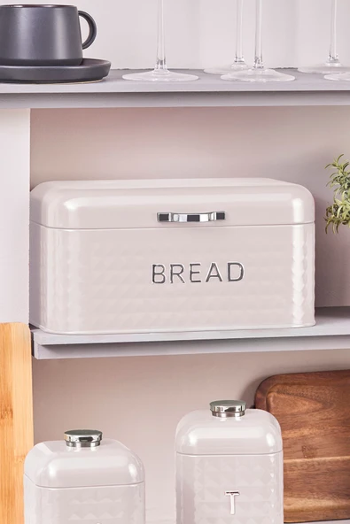 Elmas Karbon Çelik Ekmek Kutusu Saklama Kabı Hediyeli Krem - Resim 5