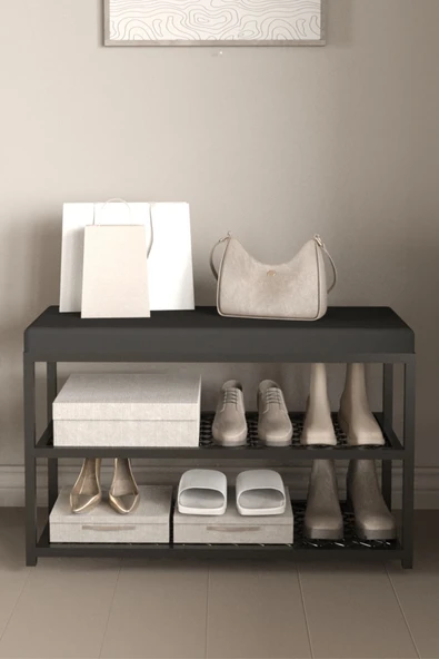 AJU Ayakkabılık Puflu Süngerli Oturaklı Metal Ayakkabı Rafı Modern Vestiyer Baklavalı Metal Tasarım