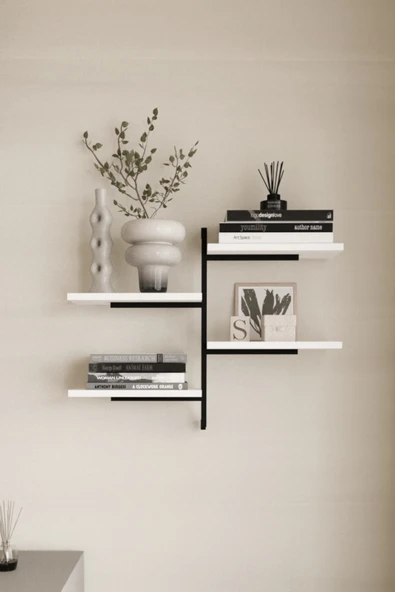 AJU 4 Katlı Duvar Rafı Metal Çerçeveli Dekoratif Kitaplık ve Raf Ünitesi Modern ve Minimalist Tasarım - 2