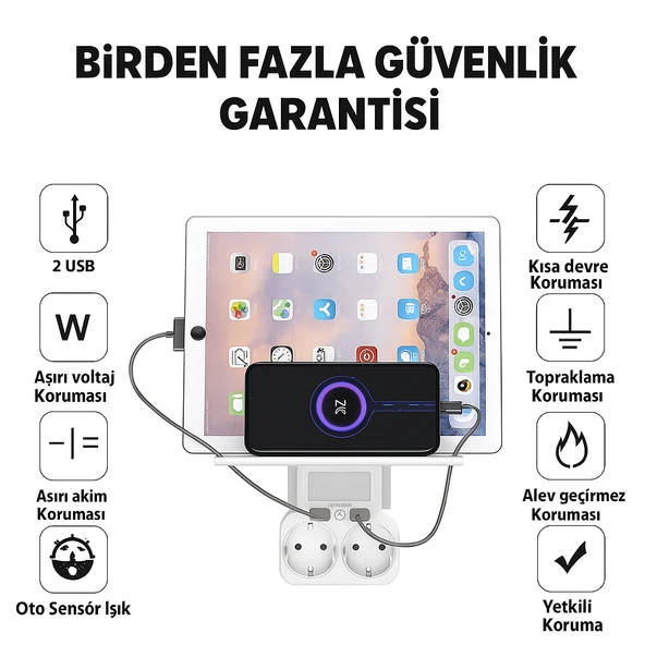 Duvar Prizi Çift USB Girişli Işıklı Otomatik Sensörlü LED Işık 5V/2.4A Hızlı Şarj CE Sertifikalı Telefon Standlı - 4