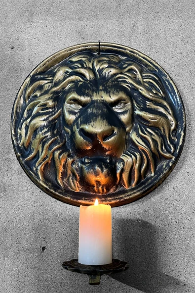 AJU Metal Aslan Figürlü Dekoratif Duvar Şamdan Mumluk - Siyah ve Gold Eskitme Tasarım, Şık ve Asil Dekor - 4